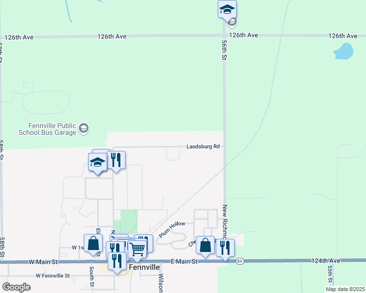 map of restaurants, bars, coffee shops, grocery stores, and more near 5635 Landsburg Road in Fennville