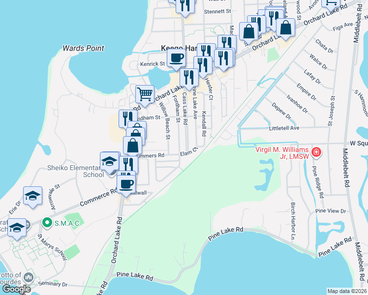 map of restaurants, bars, coffee shops, grocery stores, and more near 2490 Fordham Street in Keego Harbor
