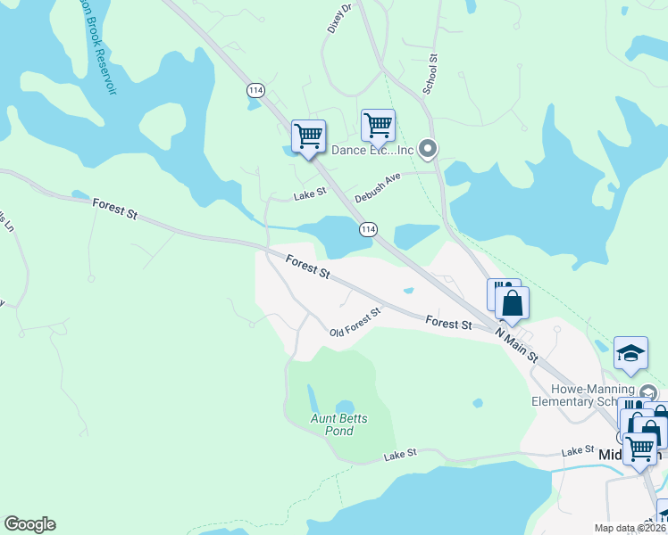 map of restaurants, bars, coffee shops, grocery stores, and more near 77 Forest Street in Middleton