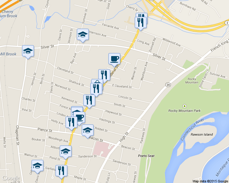 map of restaurants, bars, coffee shops, grocery stores, and more near 27-29 Lincoln Street in Greenfield