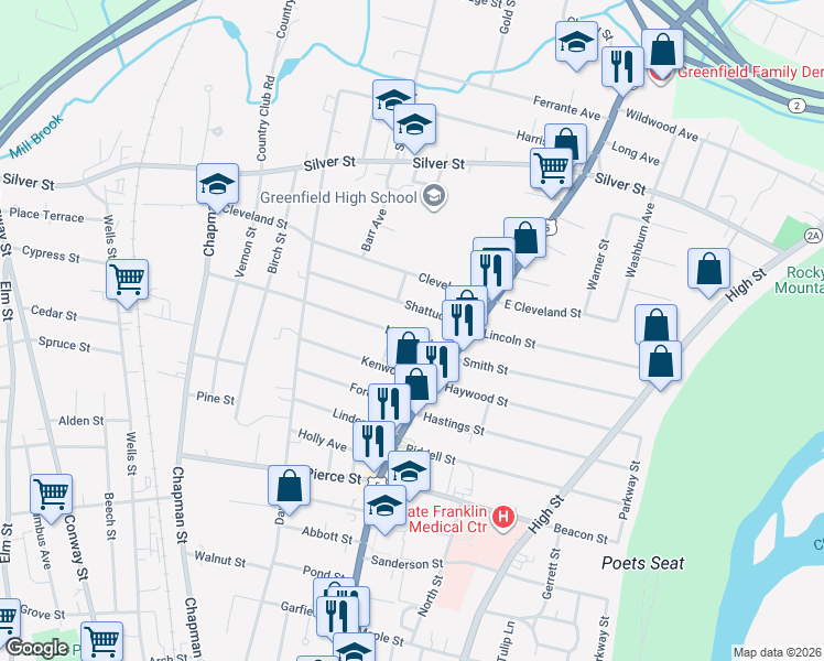 map of restaurants, bars, coffee shops, grocery stores, and more near 23 Norwood Street in Greenfield