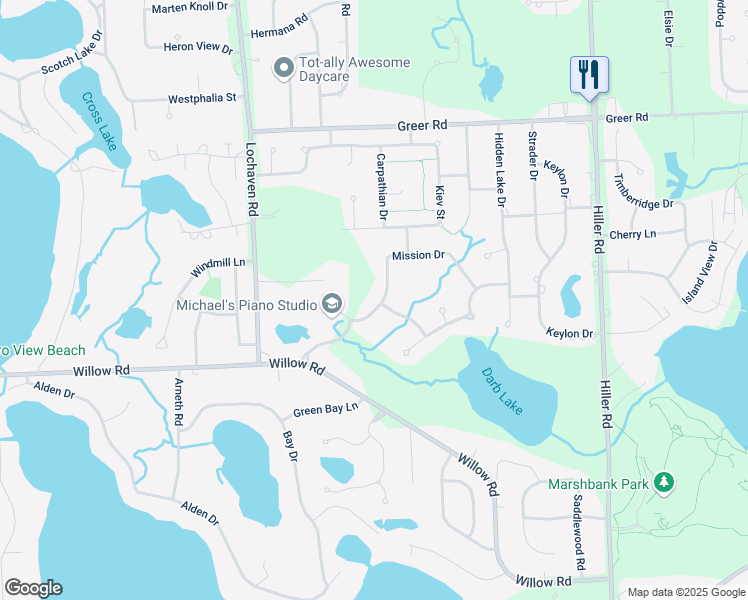 map of restaurants, bars, coffee shops, grocery stores, and more near 6329 Mission Drive in West Bloomfield Township
