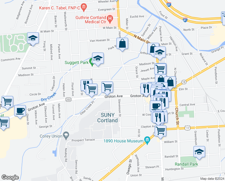 map of restaurants, bars, coffee shops, grocery stores, and more near 67 Lincoln Avenue in Cortland