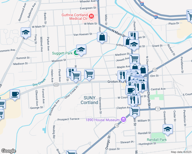 map of restaurants, bars, coffee shops, grocery stores, and more near 63 Lincoln Avenue in Cortland