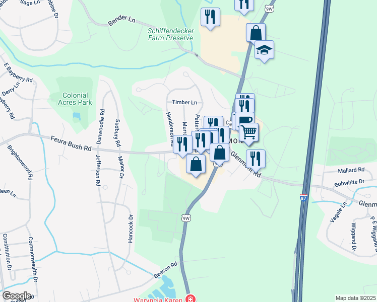 map of restaurants, bars, coffee shops, grocery stores, and more near 388 Feura Bush Road in Glenmont