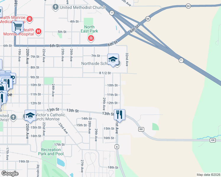 map of restaurants, bars, coffee shops, grocery stores, and more near 1016 29th Avenue in Monroe