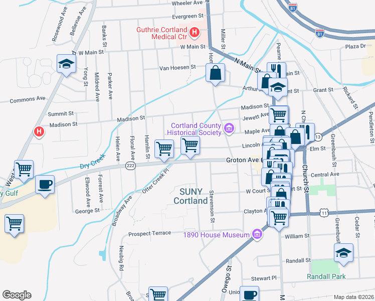 map of restaurants, bars, coffee shops, grocery stores, and more near 86-88-90 Groton Avenue in Cortland