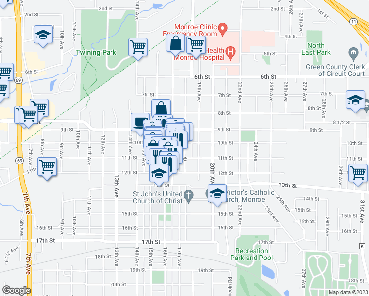 map of restaurants, bars, coffee shops, grocery stores, and more near 1015 18th Avenue in Monroe