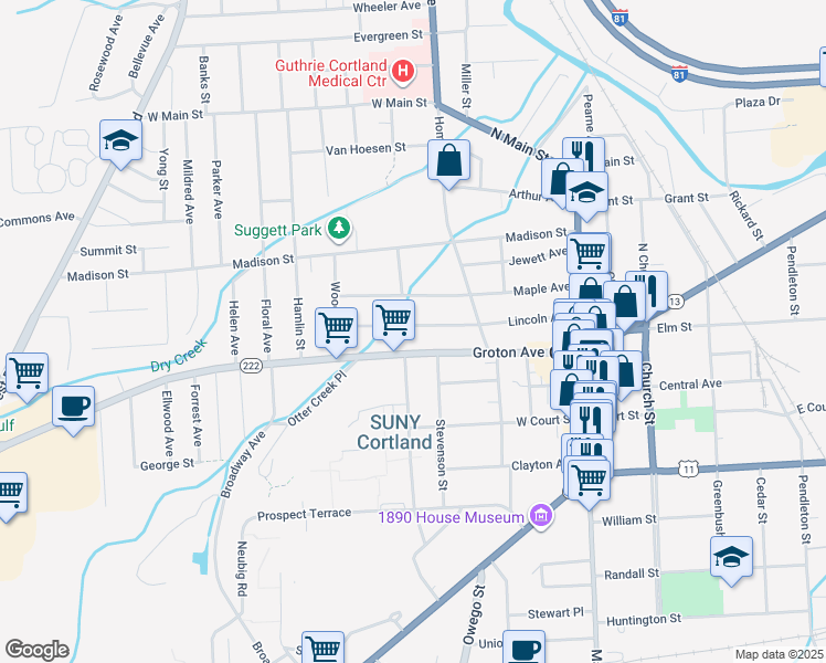 map of restaurants, bars, coffee shops, grocery stores, and more near 67 Lincoln Avenue in Cortland