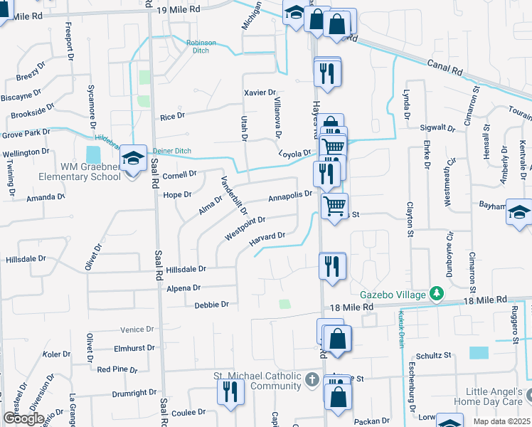map of restaurants, bars, coffee shops, grocery stores, and more near 14935 Westpoint Drive in Sterling Heights