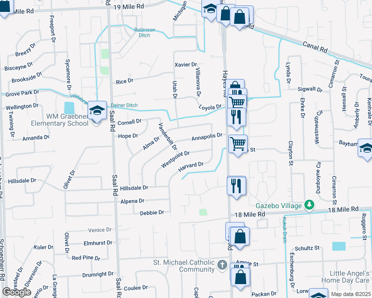 map of restaurants, bars, coffee shops, grocery stores, and more near 14935 Westpoint Drive in Sterling Heights