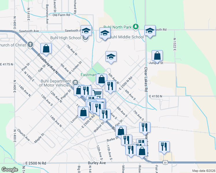map of restaurants, bars, coffee shops, grocery stores, and more near 113 7th Avenue North in Buhl