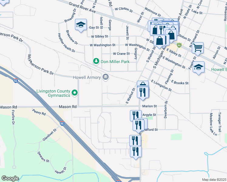 map of restaurants, bars, coffee shops, grocery stores, and more near 307 Holly Hills Drive in Howell