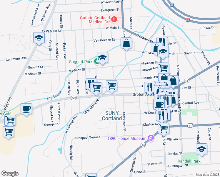 map of restaurants, bars, coffee shops, grocery stores, and more near 77 Lincoln Avenue in Cortland