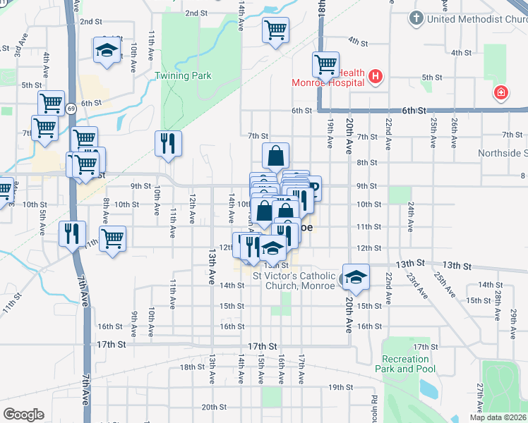 map of restaurants, bars, coffee shops, grocery stores, and more near 1007 16th Avenue in Monroe