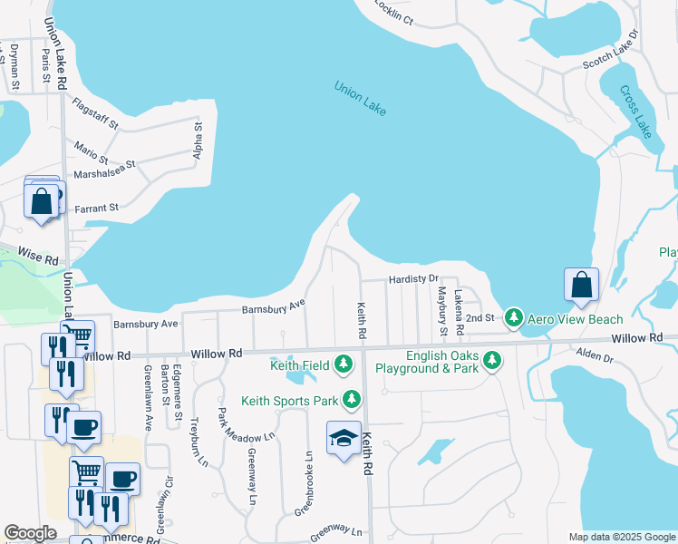 map of restaurants, bars, coffee shops, grocery stores, and more near 2340 Keith Road in West Bloomfield Township