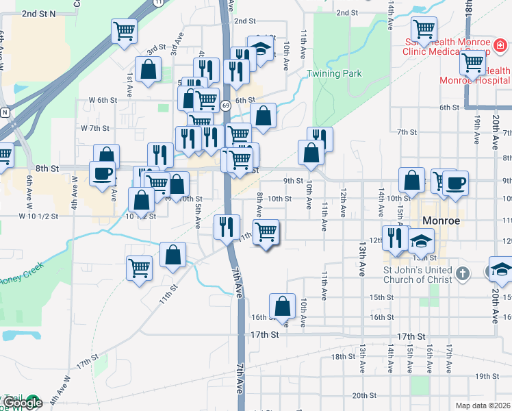 map of restaurants, bars, coffee shops, grocery stores, and more near 1016 7th Avenue in Monroe