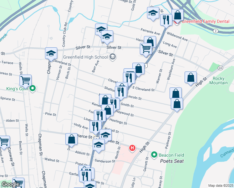 map of restaurants, bars, coffee shops, grocery stores, and more near 312 Federal St in Greenfield