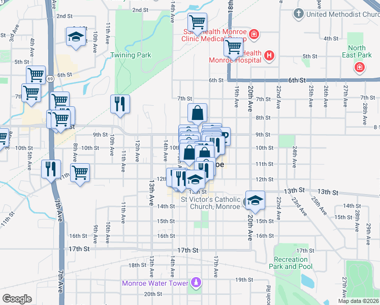 map of restaurants, bars, coffee shops, grocery stores, and more near 1007 16th Avenue in Monroe