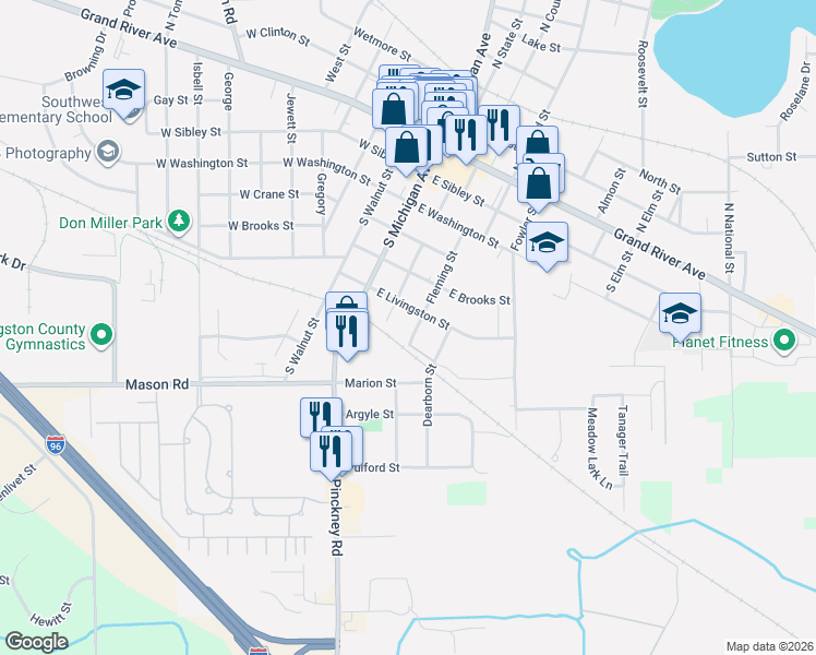 map of restaurants, bars, coffee shops, grocery stores, and more near 623 McCarthy Street in Howell