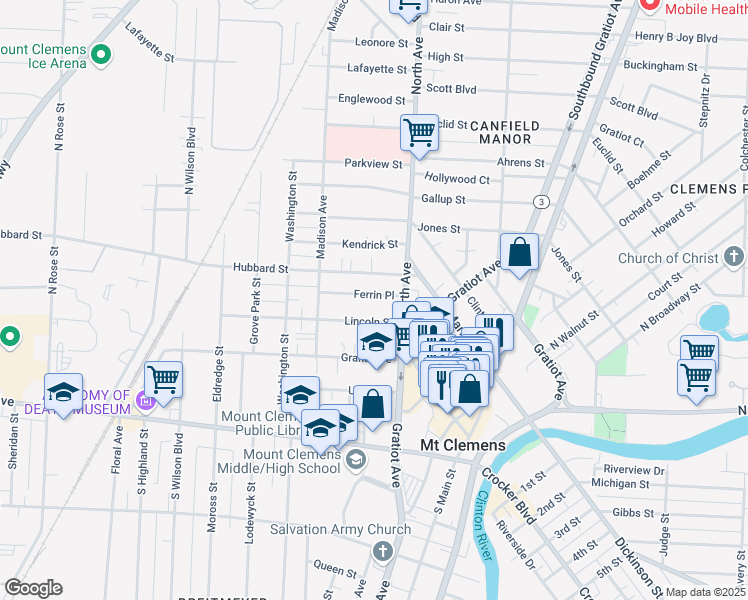 map of restaurants, bars, coffee shops, grocery stores, and more near 23 Ferrin Place in Mount Clemens