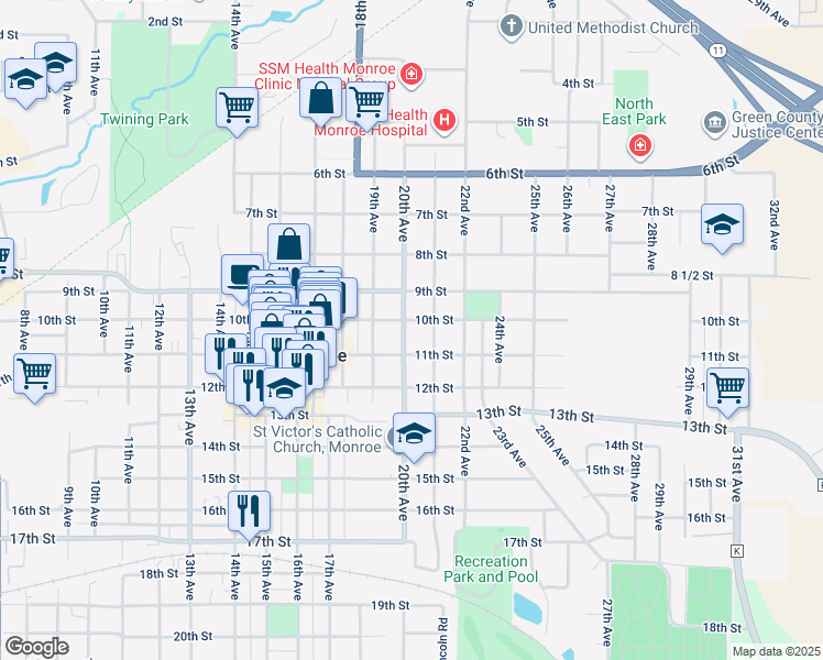 map of restaurants, bars, coffee shops, grocery stores, and more near 2004 10th Street in Monroe