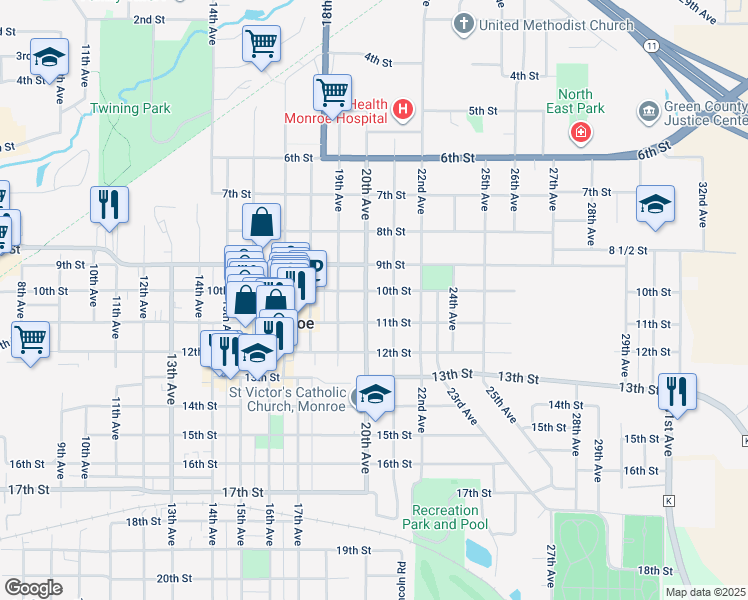 map of restaurants, bars, coffee shops, grocery stores, and more near 2004 10th Street in Monroe