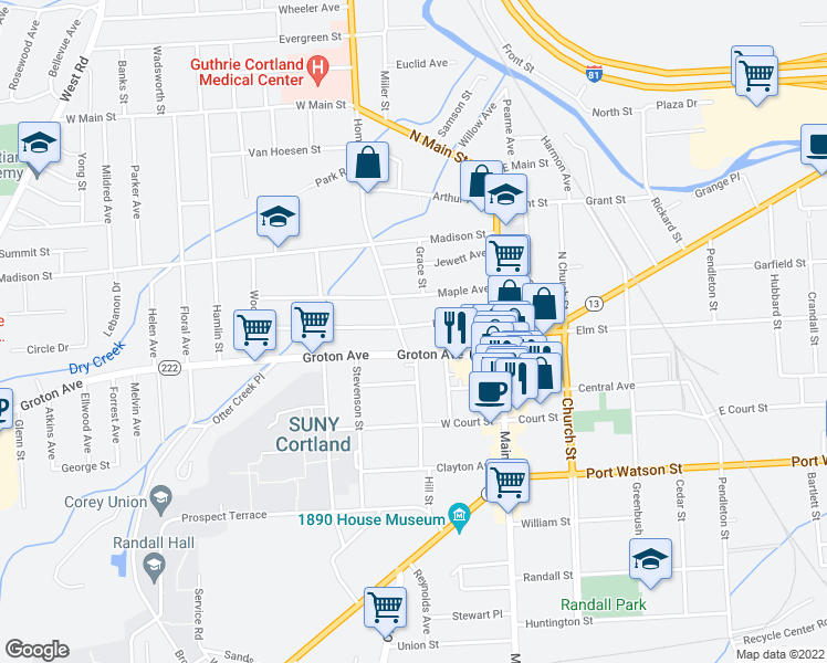 map of restaurants, bars, coffee shops, grocery stores, and more near 35 Lincoln Avenue in Cortland