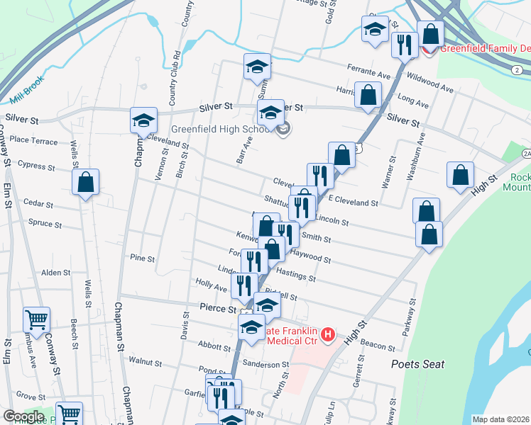 map of restaurants, bars, coffee shops, grocery stores, and more near 23 Norwood Street in Greenfield