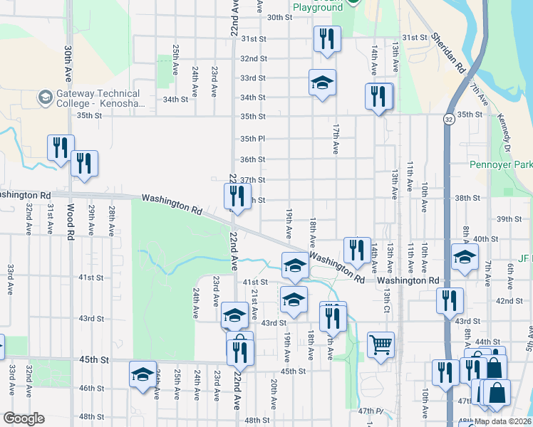 map of restaurants, bars, coffee shops, grocery stores, and more near 3903 21st Avenue in Kenosha