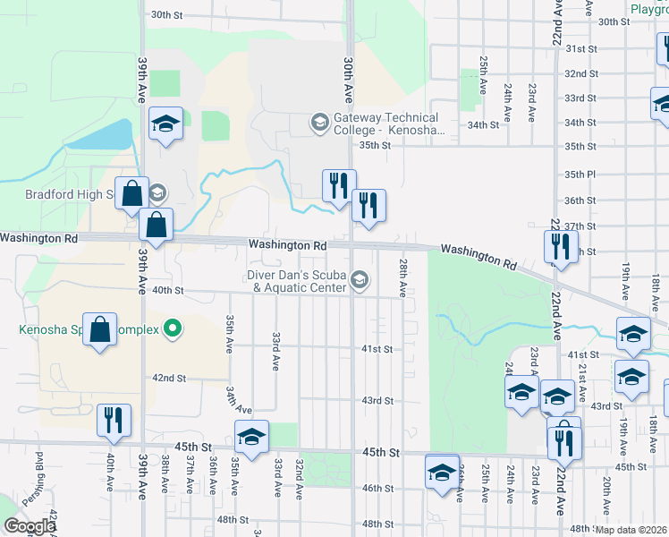 map of restaurants, bars, coffee shops, grocery stores, and more near 3910 30th Avenue in Kenosha