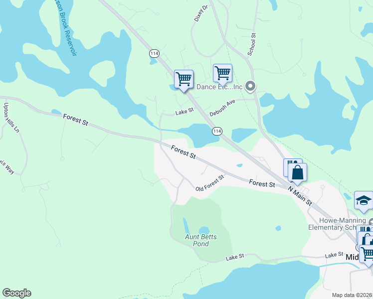 map of restaurants, bars, coffee shops, grocery stores, and more near 77 Forest Street in Middleton
