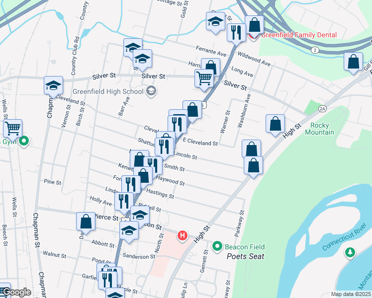 map of restaurants, bars, coffee shops, grocery stores, and more near 27-29 Lincoln Street in Greenfield