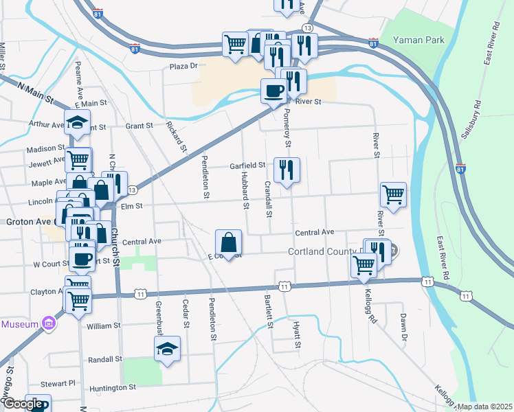 map of restaurants, bars, coffee shops, grocery stores, and more near 44 Crandall Street in Cortland