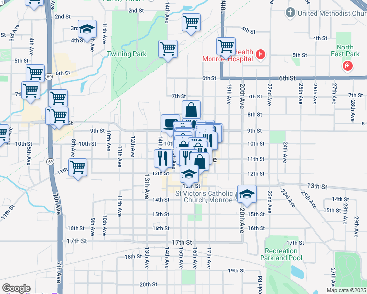 map of restaurants, bars, coffee shops, grocery stores, and more near 1021 16th Avenue in Monroe