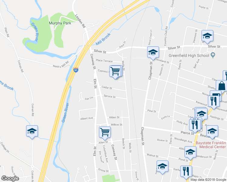 map of restaurants, bars, coffee shops, grocery stores, and more near 26 Cedar Street in Greenfield