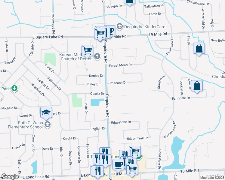 map of restaurants, bars, coffee shops, grocery stores, and more near 42114 Dequindre Road in Sterling Heights