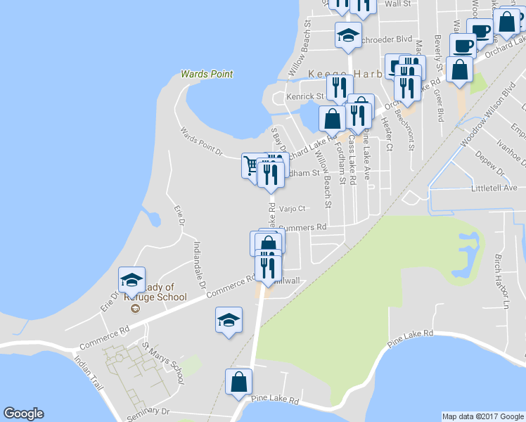 map of restaurants, bars, coffee shops, grocery stores, and more near 3300 Orchard Lake Road in Orchard Lake Village