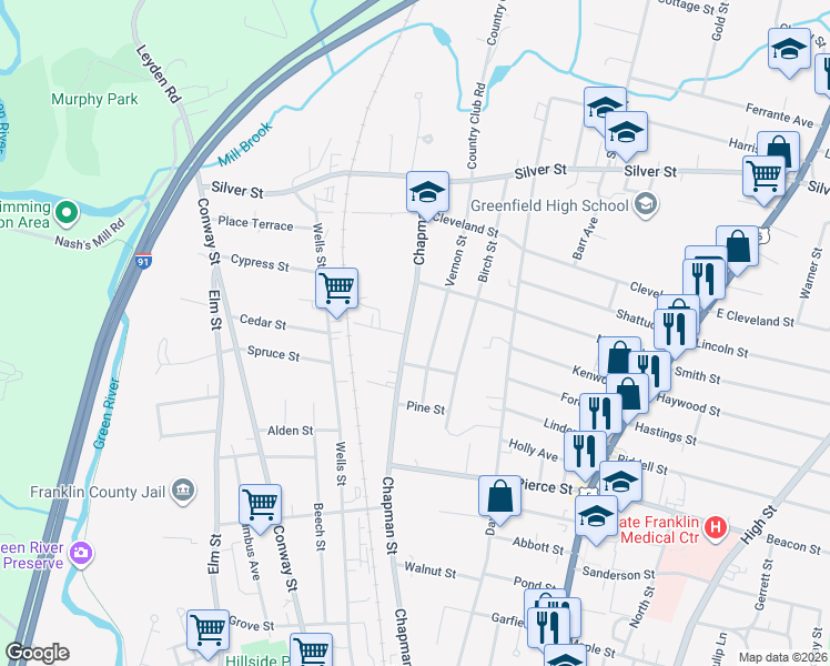 map of restaurants, bars, coffee shops, grocery stores, and more near 30 Vernon Street in Greenfield