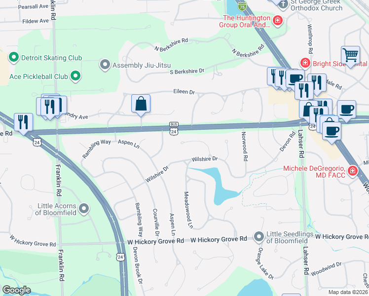 map of restaurants, bars, coffee shops, grocery stores, and more near 368 Wilshire Drive in Bloomfield Township