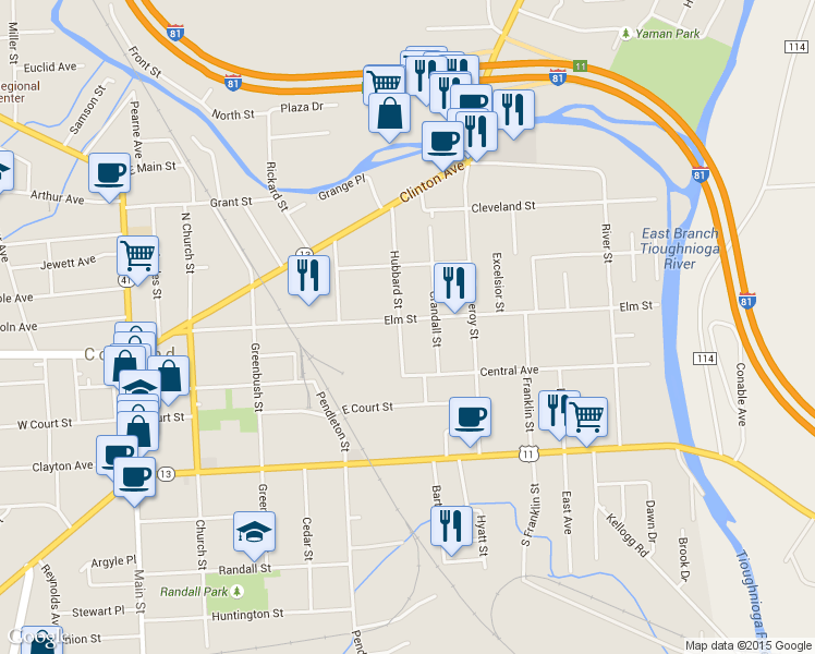 map of restaurants, bars, coffee shops, grocery stores, and more near 87-89 Elm Street in Cortland