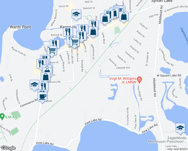 map of restaurants, bars, coffee shops, grocery stores, and more near 2540 Woodrow Wilson Boulevard in West Bloomfield Township
