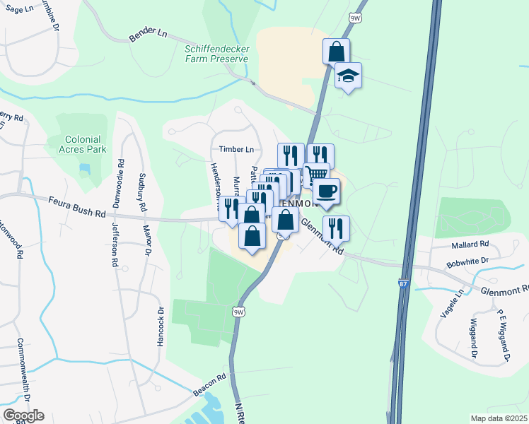 map of restaurants, bars, coffee shops, grocery stores, and more near 380 Feura Bush Road in Glenmont