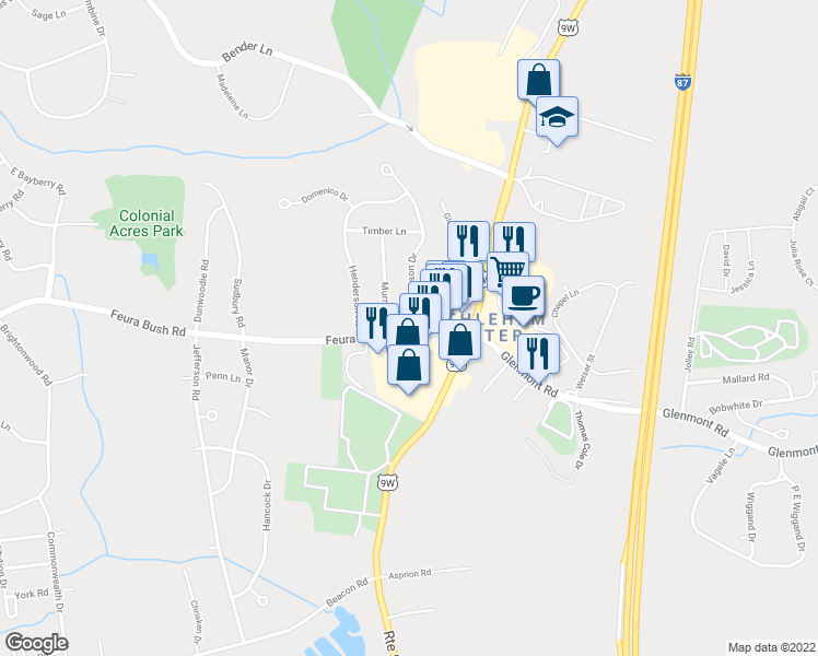 map of restaurants, bars, coffee shops, grocery stores, and more near 387 Feura Bush Road in Glenmont