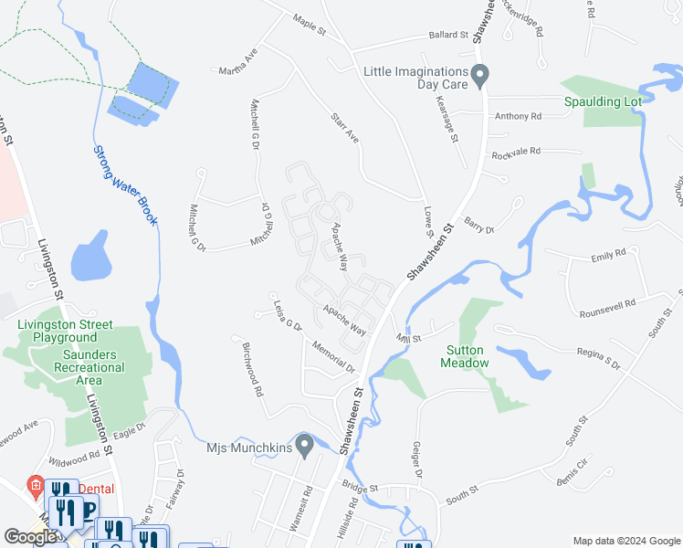 map of restaurants, bars, coffee shops, grocery stores, and more near 216 Apache Way in Tewksbury