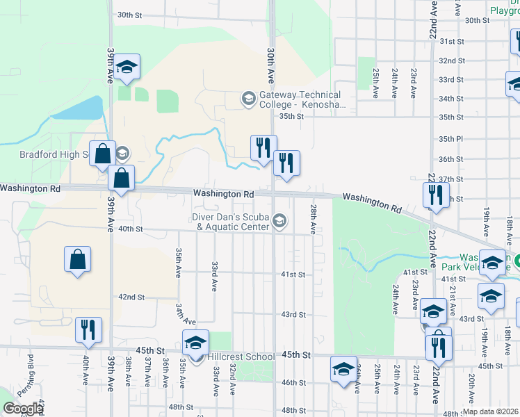 map of restaurants, bars, coffee shops, grocery stores, and more near 3910 30th Avenue in Kenosha