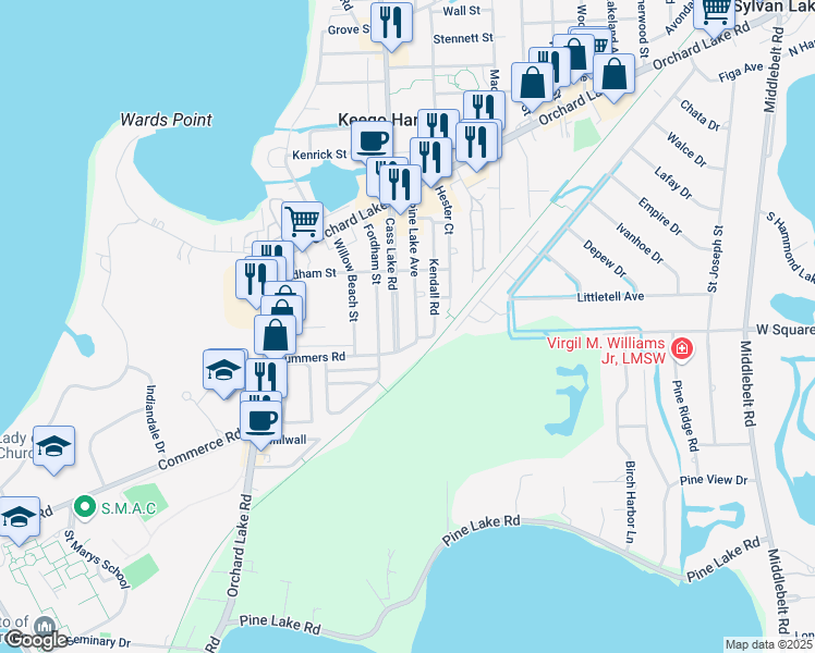 map of restaurants, bars, coffee shops, grocery stores, and more near 2975 Elam Court in Keego Harbor
