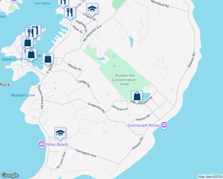 map of restaurants, bars, coffee shops, grocery stores, and more near 10 Seaview Road in Gloucester