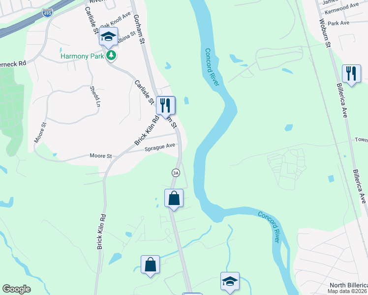 map of restaurants, bars, coffee shops, grocery stores, and more near 157 Massachusetts 3A in Chelmsford