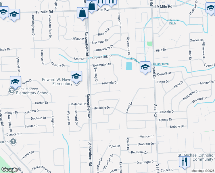 map of restaurants, bars, coffee shops, grocery stores, and more near 13782 Charrington Drive in Sterling Heights